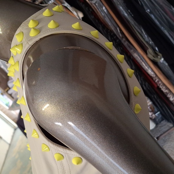 Vintage pleather 60's inspired shift dress with yellow nailhead trim - Picture 6 of 6